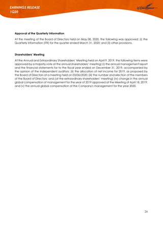 24
EARNINGS RELEASE
1Q20
Approval of the Quarterly Information
At the meeting of the Board of Directors held on May 08, 2020, the following was approved: (i) the
Quarterly Information (ITR) for the quarter ended March 31, 2020; and (ii) other provisions.
Shareholders’ Meeting
At the Annual and Extraordinary Shareholders’ Meeting held on April 9, 2019, the following items were
approved by a majority vote at the annual shareholders’ meeting) (i) the annual management report
and the financial statements for to the fiscal year ended on December 31, 2019, accompanied by
the opinion of the independent auditors; (ii) the allocation of net income for 2019, as proposed by
the Board of Directors at a meeting held on 03/06/2020; (iii) the number and election of the members
of the Board of Directors; and (at the extraordinary shareholders’ meeting) (iv) change in the annual
global compensation of management for the year of 2019 approved at the Meeting of April 18, 2019;
and (v) the annual global compensation of the Company's management for the year 2020.
 