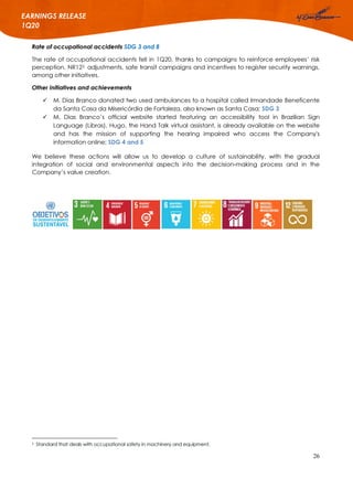 26
EARNINGS RELEASE
1Q20
Rate of occupational accidents SDG 3 and 8
The rate of occupational accidents fell in 1Q20, thanks to campaigns to reinforce employees’ risk
perception, NR122 adjustments, safe transit campaigns and incentives to register security warnings,
among other initiatives.
Other initiatives and achievements
 M. Dias Branco donated two used ambulances to a hospital called Irmandade Beneficente
da Santa Casa da Misericórdia de Fortaleza, also known as Santa Casa; SDG 3
 M. Dias Branco’s official website started featuring an accessibility tool in Brazilian Sign
Language (Libras). Hugo, the Hand Talk virtual assistant, is already available on the website
and has the mission of supporting the hearing impaired who access the Company's
information online; SDG 4 and 5
We believe these actions will allow us to develop a culture of sustainability, with the gradual
integration of social and environmental aspects into the decision-making process and in the
Company’s value creation.
2 Standard that deals with occupational safety in machinery and equipment.
 