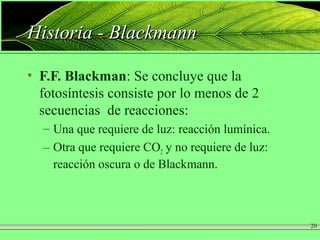 Historia - BlackmannHistoria - Blackmann
• F.F. Blackman: Se concluye que la
fotosíntesis consiste por lo menos de 2
secuencias de reacciones:
– Una que requiere de luz: reacción lumínica.
– Otra que requiere CO2 y no requiere de luz:
reacción oscura o de Blackmann.
20
 