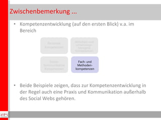 Zwischenbemerkung ... Kompetenzentwicklung (auf den ersten Blick) v.a. im Bereich Beide Beispiele zeigen, dass zur Kompetenzentwicklung in der Regel auch eine Praxis und Kommunikation außerhalb des Social Webs gehören. 