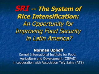 SRI  -- The System of  Rice Intensification:  An Opportunity for  Improving Food Security  in Latin America? Norman Uphoff Cornell International Institute for Food,  Agriculture and Development (CIIFAD) in cooperation with Association Tefy Saina (ATS) 
