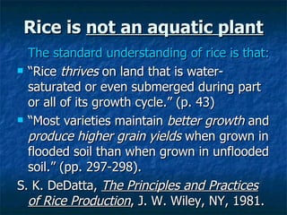 Rice is  not an aquatic plant <ul><li>The standard understanding of rice is that: </li></ul><ul><li>“ Rice  thrives  on la...