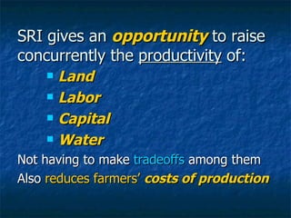 SRI gives an  opportunity  to raise concurrently the  productivity  of: <ul><ul><ul><li>Land </li></ul></ul></ul><ul><ul><...
