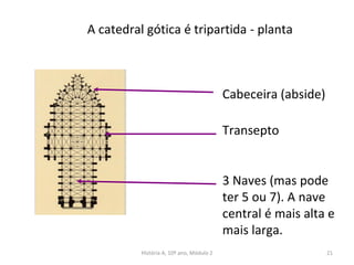 Cabeceira (abside)
Transepto
3 Naves (mas pode
ter 5 ou 7). A nave
central é mais alta e
mais larga.
A catedral gótica é tripartida - planta
História A, 10º ano, Módulo 2 21
 