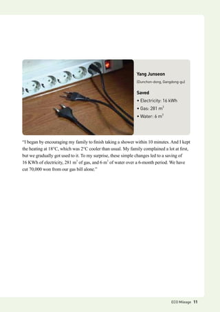 “I began by encouraging my family to finish taking a shower within 10 minutes. And I kept
the heating at 18°C, which was 2°C cooler than usual. My family complained a lot at first,
but we gradually got used to it. To my surprise, these simple changes led to a saving of 	
16 KWh of electricity, 281 m3
of gas, and 6 m3
of water over a 6-month period. We have
cut 70,000 won from our gas bill alone.”
Yang Junseon
(Dunchon-dong, Gangdong-gu)
Saved
• Electricity: 16 kWh
• Gas: 281 m3
• Water: 6 m3
ECO Mileage 11
 