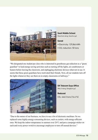 “Due to the nature of our business, we have to use a lot of electronic machines. So we
replaced some highly-energy-consuming devices, such as coolers, with energy-efficient
ones. We keep the indoor temperature in summer over 26°C and put a campaign sticker on
each and every power switch to encourage employees to turn off unused devices.”
SK Telecom Suyu Office
(Mia 3-dong, Gangbuk-gu)
Reduced
CO2: 446.5 tons (16.6 %)
“We designated one student per class who is interested in greenhouse gas reduction as a “green
guardian” to lead energy-saving activities such as turning off the lights, air conditioners or
heaters before leaving the classroom, and unplugging electronic devices when not in use. It
seems that these green guardians have motivated their friends. Now, all our students turn off
the lights whenever they see them on in empty classrooms or hallways.”
Seoil Middle School
(Seocho4-dong, Seocho-gu)
Saved
• Electricity: 129,866 kWh
• CO2 reduction: 50 tons
ECO Mileage 13
 