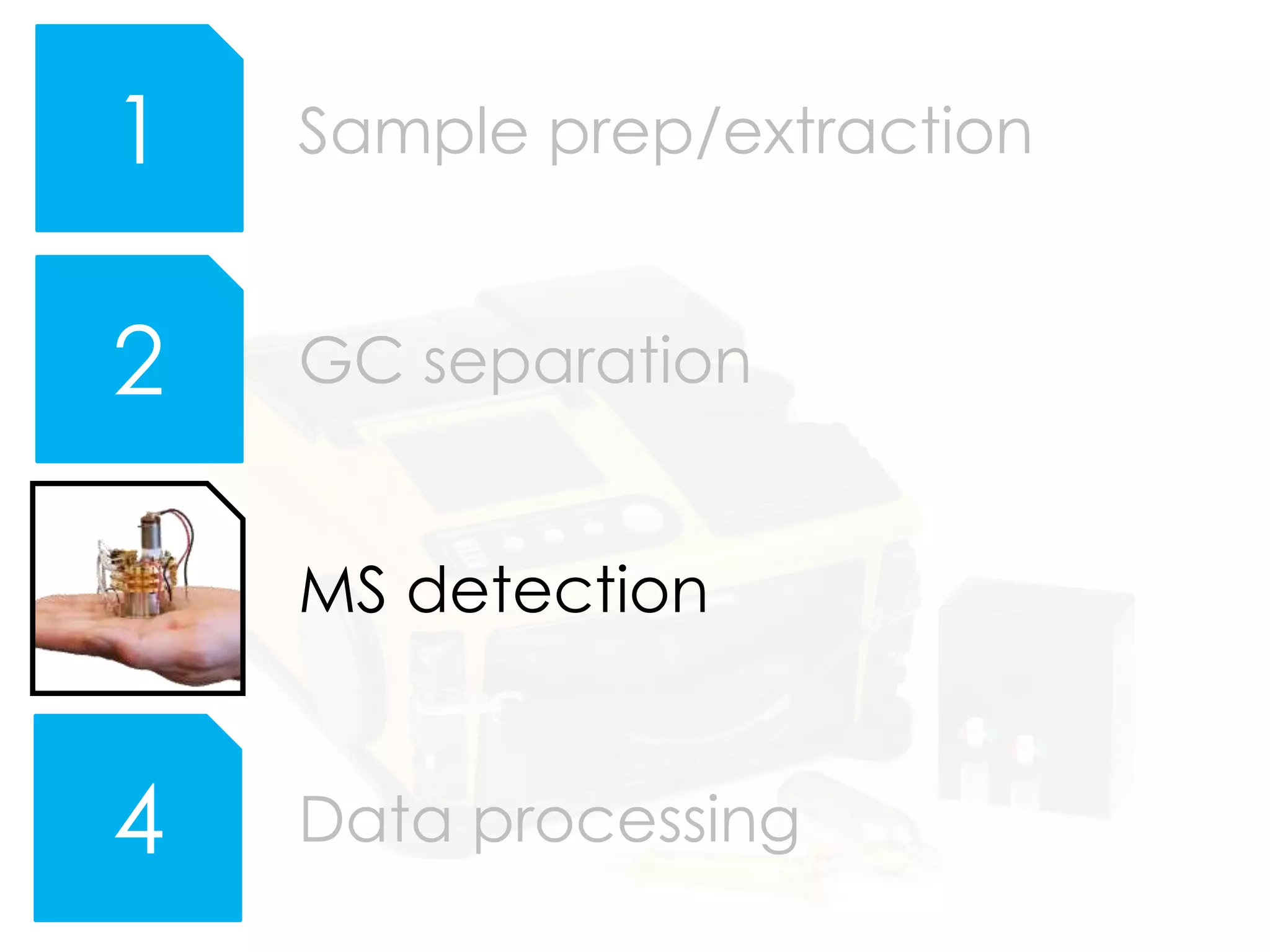 1
2
4
Sample prep/extraction
GC separation
MS detection
Data processing
 