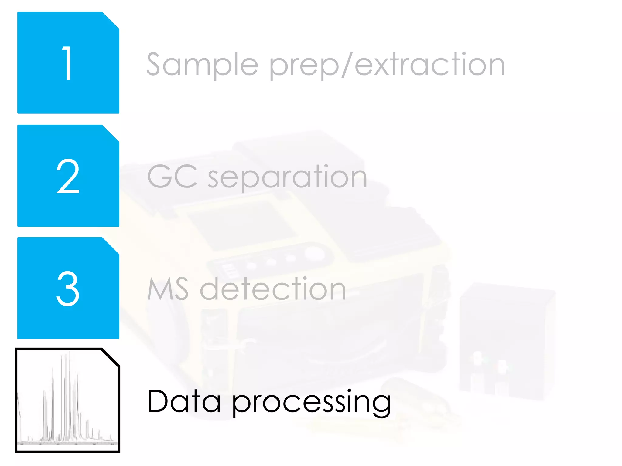 1
3
2
Sample prep/extraction
GC separation
MS detection
Data processing
 