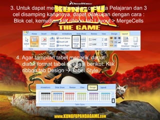 3. Untuk dapat menggabungkan cel Mata Pelajaran dan 3
cel disamping kanannya, dapat dilakukan dengan cara :
Blok cel, kemudian klik ribbon tab Layout > MergeCells

4. Agar tampilan tabel menarik, dapat
diatur format tabel sebagai berikut: Klik
ribbon tab Design  Tabel Style.

 