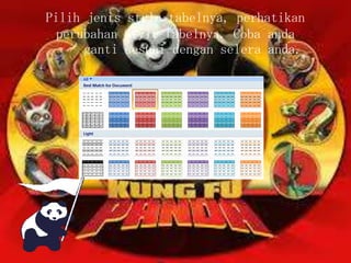 Pilih jenis style tabelnya, perhatikan
perubahan Style tabelnya. Coba anda
ganti sesuai dengan selera anda.

 