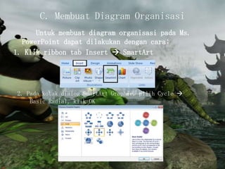C. Membuat Diagram Organisasi
Untuk membuat diagram organisasi pada Ms.
PowerPoint dapat dilakukan dengan cara:
1. Klik ribbon tab Insert  SmartArt

2. Pada kotak dialog SmartArt Graphic, pilih Cycle 
Basic Radial, klik OK

 