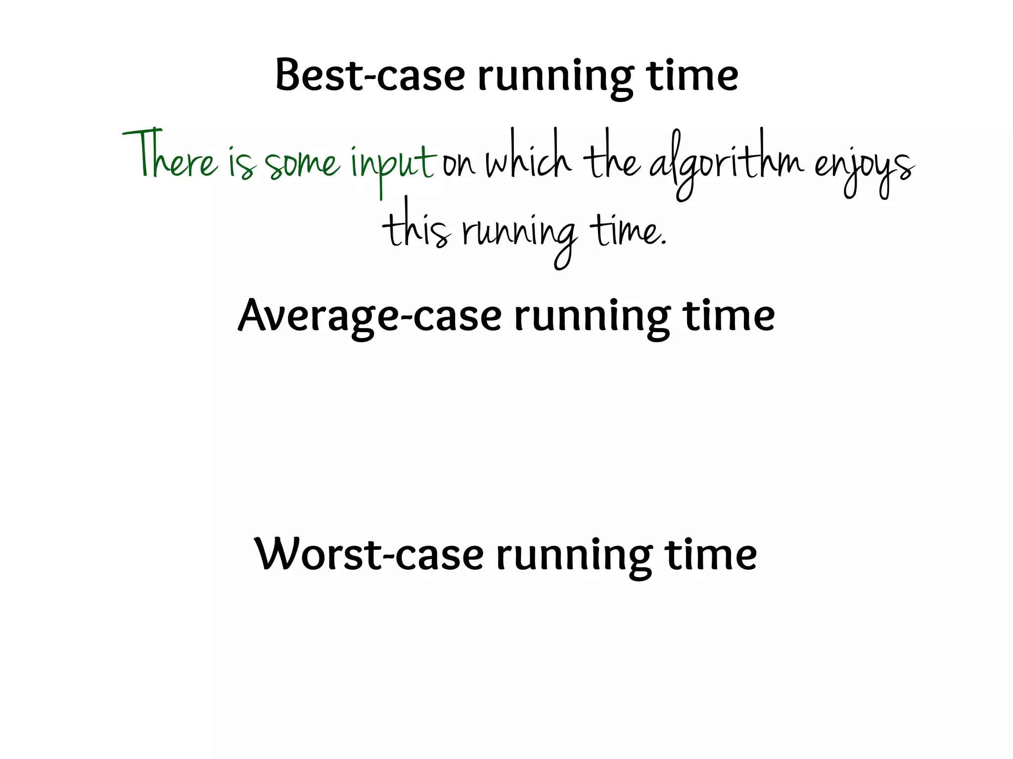 Best-case running time
Average-case running time
Worst-case running time
There is some input on which the algorithm enjoys
this running time.
 