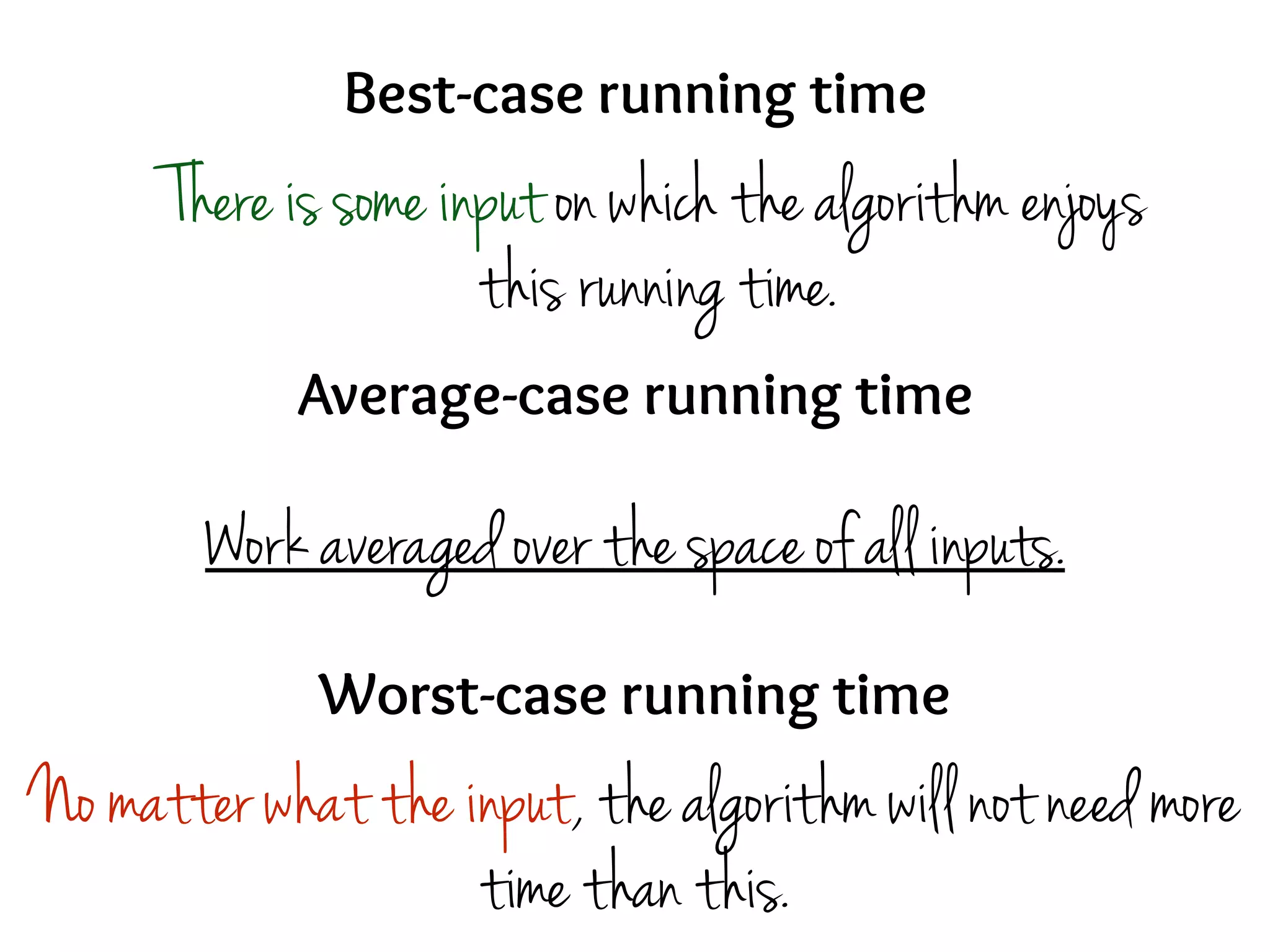 Best-case running time
Average-case running time
Worst-case running time
Work averaged over the space of all inputs.
No matter what the input, the algorithm will not need more
time than this.
There is some input on which the algorithm enjoys
this running time.
 