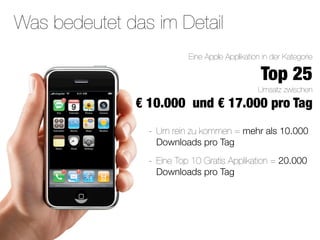 Was bedeutet das im Detail
                             Eine Apple Applikation in der Kategorie

                                                   Top 25
                                                  Umsatz zwischen
               € 10.000 und € 17.000 pro Tag
                 -   Um rein zu kommen = mehr als 10.000
                     Downloads pro Tag

                 -   Eine Top 10 Gratis Applikation = 20.000
                     Downloads pro Tag
 
