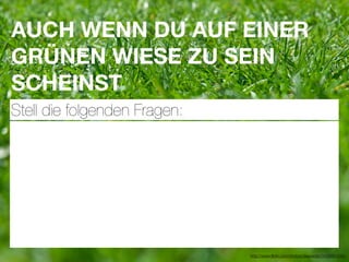 AUCH WENN DU AUF EINER
GRÜNEN WIESE ZU SEIN
SCHEINST
Stell die folgenden Fragen:




                              http://www.ﬂickr.com/photos/daspaddy/3434581254/
 