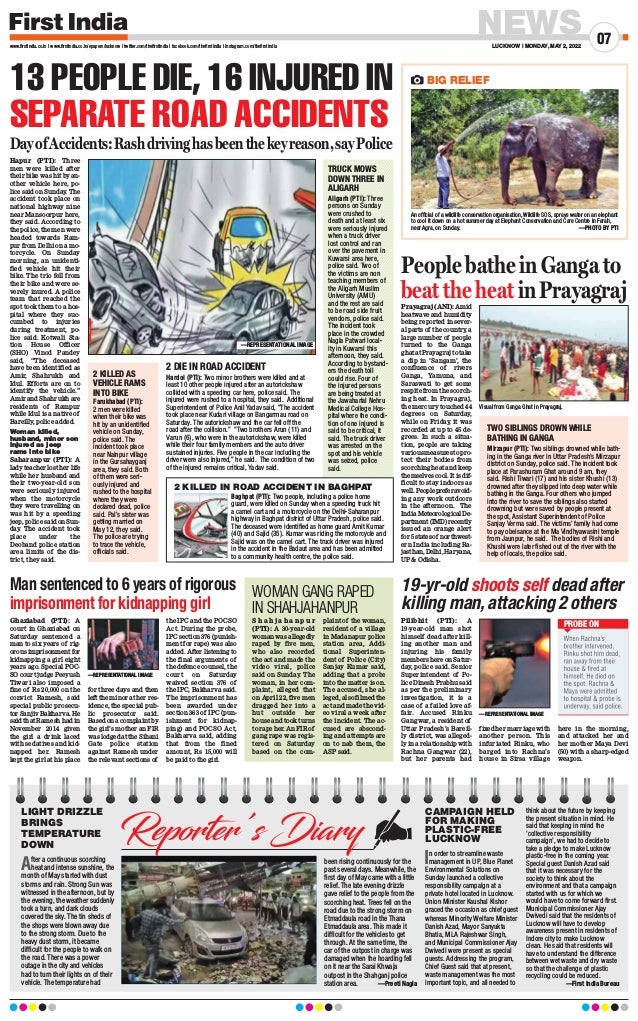 NEWS
LUCKNOW | MONDAY, MAY 2, 2022
07
www.firstindia.co.in I www.firstindia.co.in/epapers/lucknow I twitter.com/thefirstindia I facebook.com/thefirstindia I instagram.com/thefirstindia
LIGHT DRIZZLE
BRINGS
TEMPERATURE
DOWN
After a continuous scorching
heat and intense sunshine, the
month of May started with dust
storms and rain. Strong Sun was
witnessed in the afternoon, but by
the evening, the weather suddenly
took a turn, and dark clouds
covered the sky. The tin sheds of
the shops were blown away due
to the strong storm. Due to the
heavy dust storm, it became
difficult for the people to walk on
the road. There was a power
outage in the city and vehicles
had to turn their lights on of their
vehicle. The temperature had
been rising continuously for the
past several days. Meanwhile, the
first day of May came with a little
relief. The late evening drizzle
gave relief to the people from the
scorching heat. Trees fell on the
road due to the strong storm on
Etmaddaula road in the Thana
Etmaddaula area. This made it
difficult for the vehicles to get
through. At the same time, the
car of the outpost in charge was
damaged when the hoarding fell
on it near the Sarai Khwaja
outpost in the Shahganj police
station area.  —Preeti Nagia
CAMPAIGN HELD
FOR MAKING
PLASTIC-FREE
LUCKNOW
In order to streamline waste
management in UP, Blue Planet
Environmental Solutions on
Sunday launched a collective
responsibility campaign at a
private hotel located in Lucknow.
Union Minister Kaushal Kishor
graced the occasion as chief guest
whereas Minority Welfare Minister
Danish Azad, Mayor Sanyukta
Bhatia, MLA Rajeshwar Singh,
and Municipal Commissioner Ajay
Dwivedi were present as special
guests. Addressing the program,
Chief Guest said that at present,
waste management was the most
important topic, and all needed to
think about the future by keeping
the present situation in mind. He
said that keeping in mind the
‘collective responsibility
campaign’, we had to decide to
take a pledge to make Lucknow
plastic-free in the coming year.
Special guest Danish Azad said
that it was necessary for the
society to think about the
environment and that a campaign
started with us for which we
would have to come forward first.
Municipal Commissioner Ajay
Dwivedi said that the residents of
Lucknow will have to develop
awareness present in residents of
Indore city to make Lucknow
clean. He said that residents will
have to understand the difference
between wet waste and dry waste
so that the challenge of plastic
recycling could be reduced.
 —First India Bureau
13 PEOPLE DIE, 16 INJURED IN
SEPARATE ROAD ACCIDENTS
DayofAccidents:Rashdrivinghasbeenthekeyreason,sayPolice
Hapur (PTI): Three
men were killed after
their bike was hit by an-
other vehicle here, po-
lice said on Sunday
. The
accident took place on
national highway nine
near Mansoorpur here,
they said. According to
the police, the men were
headed towards Ram-
pur from Delhi on a mo-
torcycle. On Sunday
morning, an unidenti-
fied vehicle hit their
bike. The trio fell from
their bike and were se-
verely inured. A police
team that reached the
spot took them to a hos-
pital where they suc-
cumbed to injuries
during treatment, po-
lice said. Kotwali Sta-
tion House Officer
(SHO) Vinod Pandey
said, “The deceased
have been identified as
Amir, Shahrukh and
Idul. Efforts are on to
identify the vehicle.”
Amir and Shahrukh are
residents of Rampur
while Idul is a native of
Bareilly
, police added.
Woman killed,
husband, minor son
injured as jeep
rams into bike
Saharanpur (PTI): A
lady teacher lost her life
while her husband and
their two-year-old son
were seriously injured
when the motorcycle
they were travelling on
was hit by a speeding
jeep, police said on Sun-
day. The accident took
place under the
Deoband police station
area limits of the dis-
trict, they said.
 —REPRESENTATIONAL IMAGE
TRUCK MOWS
DOWN THREE IN
ALIGARH
Aligarh (PTI): Three
persons on Sunday
were crushed to
death and at least six
were seriously injured
when a truck driver
lost control and ran
over the pavement in
Kuwarsi area here,
police said. Two of
the victims are non
teaching members of
the Aligarh Muslim
University (AMU)
and the rest are said
to be road side fruit
vendors, police said.
The incident took
place in the crowded
Nagla Patwari local-
ity in Kuwarsi this
afternoon, they said.
According to bystand-
ers the death toll
could rise. Four of
the injured persons
are being treated at
the Jawaharlal Nehru
Medical College Hos-
pital where the condi-
tion of one injured is
said to be critical, it
said. The truck driver
was arrested on the
spot and his vehicle
was seized, police
said.
Hardoi (PTI): Two minor brothers were killed and at
least 10 other people injured after an autorickshaw
collided with a speeding car here, police said. The
injured were rushed to a hospital, they said. Additional
Superintendent of Police Anil Yadav said, “The accident
took place near Kudari village on Bangarmau road on
Saturday. The autorickshaw and the car fell off the
road after the collision.” “Two brothers Arun (11) and
Varun (6), who were in the autorickshaw, were killed
while their four family members and the auto driver
sustained injuries. Five people in the car including the
driver were also injured,” he said. The condition of two
of the injured remains critical, Yadav said.
2 DIE IN ROAD ACCIDENT
2 KILLED AS
VEHICLE RAMS
INTO BIKE
Farukhabad (PTI):
2 men were killed
when their bike was
hit by an unidentified
vehicle on Sunday,
police said. The
incident took place
near Nainpur village
in the Gursahayganj
area, they said. Both
of them were seri-
ously injured and
rushed to the hospital
where they were
declared dead, police
said. Pal’s sister was
getting married on
May 12, they said.
The police are trying
to trace the vehicle,
officials said.
Baghpat (PTI): Two people, including a police home
guard, were killed on Sunday when a speeding truck hit
a camel cart and a motorcycle on the Delhi-Saharanpur
highway in Baghpat district of Uttar Pradesh, police said.
The deceased were identified as home guard Amit Kumar
(40) and Sajid (35). Kumar was riding the motorcycle and
Sajid was on the camel cart. The truck driver was injured
in the accident in the Badaut area and has been admitted
to a community health centre, the police said.
2 KILLED IN ROAD ACCIDENT IN BAGHPAT
Prayagraj (ANI): Amid
heatwave and humidity
being reported in sever-
al parts of the country
, a
large number of people
turned to the Ganga
ghat at Prayagraj to take
a dip in ‘Sangam’, the
confluence of rivers
Ganga, Yamuna, and
Saraswati to get some
respite from the scorch-
ing heat. In Prayagraj,
the mercury touched 44
degrees on Saturday,
while on Friday, it was
recorded at up to 45 de-
grees. In such a situa-
tion, people are taking
variousmeasurestopro-
tect their bodies from
scorching heat and keep
themselves cool. It is dif-
ficult to stay indoors as
well.Peoplepreferavoid-
ing any work outdoors
in the afternoon. The
IndiaMeteorologicalDe-
partment(IMD)recently
issued an orange alert
for5statesof northwest-
ern India including Ra-
jasthan,Delhi,Haryana,
UP  Odisha.
Ghaziabad (PTI): A
court in Ghaziabad on
Saturday sentenced a
man to six years of rig-
orous imprisonment for
kidnapping a girl eight
years ago. Special POC-
SO court judge Peeyush
Tiwari also imposed a
fine of Rs 20,000 on the
convict Ramesh, said
special public prosecu-
tor Sanjiv Bakharva. He
said that Ramesh had in
November 2014 given
the girl a drink laced
with sedatives and kid-
napped her. Ramesh
kept the girl at his place
for three days and then
left the minor at her res-
idence, the special pub-
lic prosecutor said.
Based on a complaint by
the girl’s mother an FIR
was lodged at the Sihani
Gate police station
against Ramesh under
the relevant sections of
the IPC and the POCSO
Act. During the probe,
IPC section 376 (punish-
ment for rape) was also
added. After listening to
the final arguments of
the defence counsel, the
court on Saturday
waived section 376 of
the IPC, Bakharva said.
The imprisonment has
been awarded under
section 363 of IPC (pun-
ishment for kidnap-
ping) and POCSO Act,
Bakharva said, adding
that from the fined
amount, Rs 15,000 will
be paid to the girl.
Pilibhit (PTI): A
19-year-old man shot
himself dead after kill-
ing another man and
injuring his family
members here on Satur-
day, police said. Senior
Superintendent of Po-
lice Dinesh Prabhu said
as per the preliminary
investigation, it is a
case of a failed love af-
fair. Accused Rinku
Gangwar, a resident of
Uttar Pradesh’s Bareil-
ly district, was alleged-
ly in a relationship with
Rachna Gangwar (22),
but her parents had
fixed her marriage with
another person. This
infuriated Rinku, who
barged into Rachna’s
house in Sirsa village
here in the morning,
and attacked her and
her mother Maya Devi
(50) with a sharp-edged
weapon.
S h a h j a h a n p u r
(PTI): A 30-year-old
woman was allegedly
raped by five men,
who also recorded
the act and made the
video viral, police
said on Sunday. The
woman, in her com-
plaint, alleged that
on April 22, five men
dragged her into a
hut outside her
house and took turns
to rape her. An FIR of
gang rape was regis-
tered on Saturday
based on the com-
plaint of the woman,
resident of a village
in Madanapur police
station area, Addi-
tional Superinten-
dent of Police (City)
Sanjay Kumar said,
adding that a probe
into the matter is on.
The accused, she al-
leged, also filmed the
act and made the vid-
eo viral a week after
the incident. The ac-
cused are abscond-
ing and attempts are
on to nab them, the
ASP said.
Visual from Ganga Ghat in Prayagraj.
—REPRESENTATIONAL IMAGE
—REPRESENTATIONAL IMAGE
People bathe in Ganga to
beat the heat in Prayagraj
TWO SIBLINGS DROWN WHILE
BATHING IN GANGA
Mirzapur (PTI): Two siblings drowned while bath-
ing in the Ganga river in Uttar Pradesh’s Mirzapur
district on Sunday, police said. The incident took
place at Parashuram Ghat around 9 am, they
said. Rishi Tiwari (17) and his sister Khushi (13)
drowned after they slipped into deep water while
bathing in the Ganga. Four others who jumped
into the river to save the siblings also started
drowning but were saved by people present at
the spot, Assistant Superintendent of Police
Sanjay Verma said. The victims’ family had come
to pay obeisance at the Ma Vindhyawasini temple
from Jaunpur, he said. The bodies of Rishi and
Khushi were later fished out of the river with the
help of locals, the police said.
BIG RELIEF
An official of a wildlife conservation organisation, Wildlife SOS, sprays water on an elephant
to cool it down on a hot summer day at Elephant Conservation and Care Centre in Farah,
near Agra, on Sunday.  —PHOTO BY PTI
Man sentenced to 6 years of rigorous
imprisonment for kidnapping girl
19-yr-old shoots self dead after
killing man,attacking 2 others
WOMAN GANG RAPED
IN SHAHJAHANPUR
PROBE ON
 