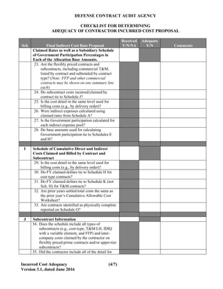 DEFENSE CONTRACT AUDIT AGENCY
CHECKLIST FOR DETERMINING
ADEQUACY OF CONTRACTOR INCURRED COST PROPOSAL
Incurred Cost Adequacy (4/7)
Version 3.1, dated June 2016
Received Adequate
Sch Final Indirect Cost Rate Proposal Y/N/NA Y/N Comments
Claimed Rates as well as a Subsidiary Schedule
of Government Participation Percentages in
Each of the Allocation Base Amounts.
23. Are the flexibly priced contracts and
subcontracts, including commercial T&M,
listed by contract and subtotaled by contract
type? (Note: FFP and other commercial
contracts may be shown on one summary line
each)
24. Do subcontract costs incurred/claimed by
contract tie to Schedule J?
25. Is the cost detail in the same level used for
billing costs (e.g., by delivery order)?
26. Were indirect expenses calculated using
claimed rates from Schedule A?
27. Is the Government participation calculated for
each indirect expense pool?
28. Do base amounts used for calculating
Government participation tie to Schedules E
and H?
I Schedule of Cumulative Direct and Indirect
Costs Claimed and Billed by Contract and
Subcontract
29. Is the cost detail in the same level used for
billing costs (e.g., by delivery order)?
30. Do FY claimed dollars tie to Schedule H for
cost type contracts?
31. Do FY claimed dollars tie to Schedule K (not
Sch. H) for T&M contracts?
32. Are prior years settled total costs the same as
the prior year’s Cumulative Allowable Cost
Worksheet?
33. Are contracts identified as physically complete
reported on Schedule O?
J Subcontract Information
34. Does the schedule include all types of
subcontracts (e.g., cost-type, T&M/LH, IDIQ
with a variable element, and FFP) and inter-
company costs claimed by the contractor on
flexibly priced prime contracts and/or upper-tier
subcontracts?
35. Did the contractor include all of the detail for
 