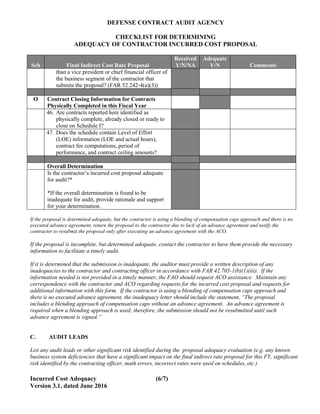 DEFENSE CONTRACT AUDIT AGENCY
CHECKLIST FOR DETERMINING
ADEQUACY OF CONTRACTOR INCURRED COST PROPOSAL
Incurred Cost Adequacy (6/7)
Version 3.1, dated June 2016
Received Adequate
Sch Final Indirect Cost Rate Proposal Y/N/NA Y/N Comments
than a vice president or chief financial officer of
the business segment of the contractor that
submits the proposal? (FAR 52.242-4(a)(3))
O Contract Closing Information for Contracts
Physically Completed in this Fiscal Year
46. Are contracts reported here identified as
physically complete, already closed or ready to
close on Schedule I?
47. Does the schedule contain Level of Effort
(LOE) information (LOE and actual hours),
contract fee computations, period of
performance, and contract ceiling amounts?
Overall Determination
Is the contractor’s incurred cost proposal adequate
for audit?*
*If the overall determination is found to be
inadequate for audit, provide rationale and support
for your determination.
If the proposal is determined adequate, but the contractor is using a blending of compensation caps approach and there is no
executed advance agreement, return the proposal to the contractor due to lack of an advance agreement and notify the
contractor to resubmit the proposal only after executing an advance agreement with the ACO.
If the proposal is incomplete, but determined adequate, contact the contractor to have them provide the necessary
information to facilitate a timely audit.
If it is determined that the submission is inadequate, the auditor must provide a written description of any
inadequacies to the contractor and contracting officer in accordance with FAR 42.705-1(b)(1)(iii). If the
information needed is not provided in a timely manner, the FAO should request ACO assistance. Maintain any
correspondence with the contractor and ACO regarding requests for the incurred cost proposal and requests for
additional information with this form. If the contractor is using a blending of compensation caps approach and
there is no executed advance agreement, the inadequacy letter should include the statement, “The proposal
includes a blending approach of compensation caps without an advance agreement. An advance agreement is
required when a blending approach is used; therefore, the submission should not be resubmitted until such
advance agreement is signed.”
C. AUDIT LEADS
List any audit leads or other significant risk identified during the proposal adequacy evaluation (e.g. any known
business system deficiencies that have a significant impact on the final indirect rate proposal for this FY, significant
risk identified by the contracting officer, math errors, incorrect rates were used on schedules, etc.)
 