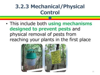 3.2.3 Mechanical/Physical
Control
• This include both using mechanisms
designed to prevent pests and
physical removal of pests from
reaching your plants in the first place
15
 