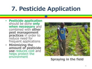7. Pesticide Application
• Pesticide application
should be done only
when necessary and
combined with other
pest management
practices in order to
reduce need for
frequent applications
• Minimizing the
amount of pesticide
use reduces cost and
helps protect the
environment
31
Spraying in the field
 