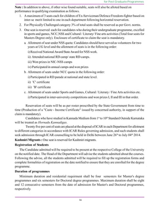 10
for Post Graduate Programmes
Note : In addition to above, if other wise found suitable, seats will also be alloted based on
performance in qualifying examination as follows.
1. A maximumof 3 seats each for children of Ex-Serviceman/Defence/Freedom-fighter based on
inter-se merit limited to one in each department following horizontal reservation.
2. For Physically Challenged category 3% of total seats shall be reserved as per Govt. norms.
3. One seat is reserved each for candidates who duringtheir undergraduate programme, excelled
in sports and games, NCC,NSS and Cultural / Literary/ Fine arts activities (Total four seats for
Masters Degree only). Enclosure of certificate to claim the seat is mandatory.
a. Allotment of seat under NSS quota: Candidates should have served as volunteers for two
years at UG level and the allotment of seats is in the following order:
i) Received NationalAward/StateAward for NSS work.
ii) Attended national RD camp/ state RD camps.
iii) Won prizes in NIC-NSS camps
iv) Participated in annual camps and won prizes
b. Allotment of seats under NCC quota in the following order:
i) Participated in RD parade at national and state level.
ii) 'C' certificate
iii) 'B' certificate
c. Allotment of seats under Sports and Games, Cultural / Literary / Fine Arts activities etc.
i) Participated in inter-university competitions and won prizes I, II and III in that order.
Reservation of seats will be as per roster prescribed by the State Government from time to
time (Production of a "Caste - Income Certificate" issued by concerned authority, in support of the
claim is mandatory).
Candidates who have studied in Kannada Mediumfrom 1st
to 10th
Standard Outside Karnataka
will be treated as Hornadu Kannadigas.
Twenty five per centof seats are placed at thedisposal of ICAR in each Department for allotment
to different categories in accordance with ICAR Rules governing admission, and such students shall
seek admission through ICAR counselling to be held in Delhi between June 26th
to July 04th
2014.
Kashmiri Migrants : One seat is reserved for Kashmiri migrants.
Registration of Students
The Candidate admitted will be required to be present at the respective College of the University
on the notified date. The Head of the Department will advise the students admitted about the courses.
Following the advise, all the students admitted will be required to fill up the registration forms and
complete formalities of registration on the date notified to ensure that they are enrolled for the degree
programme.
Duration of programmes
Minimum duration and residential requirment shall be four semesters for Master's degree
programmes and six semesters for Doctoral degree programmes. Maximum duration shall be eight
and 12 consecutive semesters from the date of admission for Master's and Doctoral programmes,
respectively.
 