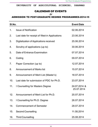 12
for Post Graduate Programmes
UNIVERSITY OF AGRICULTURAL SCIENCES, DHARWAD
CALENDAR OF EVENTS
for
ADMISSION TO POST-GRADUATE DEGREE PROGRAMMES-2014-15
Sl.No. Event Date
1. Issue of Notification 02.06.2014
2. Last date for receipt of filled-in Applications 23.06.2014
3. Digitalization of Applications received 25.06.2014
4. Scrutiny of applications (up to) 30.06.2014
5. Date of Entrance Examination 07.07.2014
6. Coding 09.07.2014
7. Paper Correction (up to) 12.07.2014
8. Announcement of Marks list 15.07.2014
9. Announcement of Merit List (Master’s) 18.07.2014
10. Last date for submission of PDC for Ph.D. 23.07.2014
11. I Counselling for Masters Degree 24.07.2014 &
25.07.2014
12. Announcement of Merit List for Ph.D. 25.07.2014
13. I Counselling for Ph.D. Degree 26.07.2014
14. Commencement of Semester 28.07.2014
15. Second Counselling 11.08.2014
16. Third Counselling 25.08.2014
 