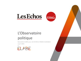 L’Observatoire
politique
Baromètre ELABE pour LES ECHOS et RADIO CLASSIQUE
2 juin 2016
 