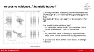 Access vs evidence. A hamletic tradeoff
7/17/2019 16
Outcome parameters and safety are not different between
breakthrough (BT) and non-breakthrough (nBT)-approved
drugs
Expectedly, BT drugs were approved 2 years earlier than
nBT
How should we interpret these data?
• No justification for granting BT approval since clinical
benefit is equal to nBT (authors’perspective)
Or
• No justification for NOT granting BT approval to nBT
drugs, since clinical benefit is equal (my perspective)
In general, what do we prefer: earlier access or stronger
evidence?
Hwang et al JCO 2018
 