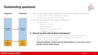 Outstanding questions
17/07/2019 17
Biomarker-
positive
Diagnosis Treatment
Rational
therapy
No
molecular
characteriz
ation
Non-
rational
therapy
1. How do we expand the population that can be treated rationally?
• Increase the number of targeted drugs
• Increase the number of biomarkers
2. How do we increase therapeutic efficacy?
• Combinations
• PD(L)1 + CTLA4
• Chemotherapy
• Novel Immune Modulators
• Targeted therapy
3. How do we deal with all these biomarkers?
• Decrease the need for biopsy by using circulating biomarkers
• Build a statistical and regulatory consensus for trials on
hyperfragmented population
• Educate patients, doctors and all stakeholders on pros and cons of
genetic/clinical data sharing
 