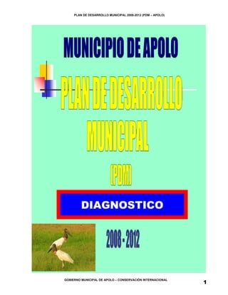 PLAN DE DESARROLLO MUNICIPAL 2008-2012 (PDM – APOLO)




         DIAGNOSTICO




                                                            1
GOBIERNO MUNICIPAL DE APOLO – CONSERVACIÓN INTERNACIONAL
 