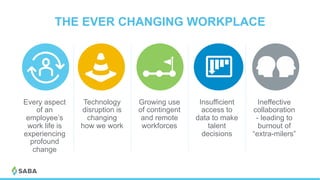 THE EVER CHANGING WORKPLACE
Every aspect
of an
employee’s
work life is
experiencing
profound
change
Ineffective
collaboration
- leading to
burnout of
“extra-milers”
Growing use
of contingent
and remote
workforces
Technology
disruption is
changing
how we work
Insufficient
access to
data to make
talent
decisions
 