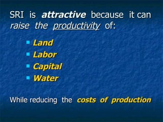 SRI  is  attractive   because  it can raise  the  productivity   of:   <ul><ul><ul><li>Land </li></ul></ul></ul><ul><ul><u...