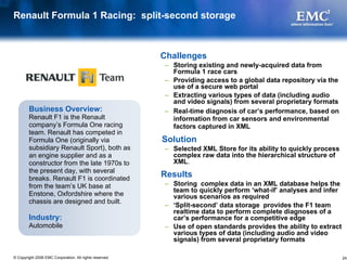 Renault Formula 1 Racing: split-second storage



                                                         Challenges
                                                         – Storing existing and newly-acquired data from
                                                           Formula 1 race cars
                                                         – Providing access to a global data repository via the
                                                           use of a secure web portal
                                                         – Extracting various types of data (including audio
                                                           and video signals) from several proprietary formats
        Business Overview:                               – Real-time diagnosis of car’s performance, based on
        Renault F1 is the Renault                          information from car sensors and environmental
        company’s Formula One racing                       factors captured in XML
        team. Renault has competed in
        Formula One (originally via                      Solution
        subsidiary Renault Sport), both as               – Selected XML Store for its ability to quickly process
        an engine supplier and as a                        complex raw data into the hierarchical structure of
        constructor from the late 1970s to                 XML.
        the present day, with several
        breaks. Renault F1 is coordinated
                                                         Results
        from the team’s UK base at                       – Storing complex data in an XML database helps the
                                                           team to quickly perform ‘what-if’ analyses and infer
        Enstone, Oxfordshire where the                     various scenarios as required
        chassis are designed and built.
                                                         – ‘Split-second’ data storage provides the F1 team
                                                           realtime data to perform complete diagnoses of a
        Industry:                                          car’s performance for a competitive edge
        Automobile                                       – Use of open standards provides the ability to extract
                                                           various types of data (including audio and video
                                                           signals) from several proprietary formats

© Copyright 2008 EMC Corporation. All rights reserved.                                                             24
 