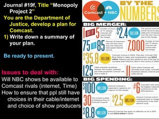 Issues to deal with: Will NBC shows be available to Comcast rivals (internet, Time) How to ensure that ppl still have choices in their cable/internet and choice of show producers Journal #19f , Title “ Monopoly Project 2 ” You are the Department of Justice, develop a plan for Comcast. 1)  Write down a summary of your plan. Be ready to present. 