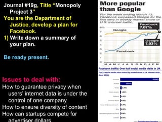 Journal #19g , Title “ Monopoly Project 3 ” You are the Department of Justice, develop a plan for Facebook. 1)  Write down a summary of your plan. Be ready present. Issues to deal with: How to guarantee privacy when users’ internet data is under the control of one company How to ensure diversity of content How can startups compete for advertiser dollars 