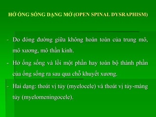 - Do đóng đường giữa không hoàn toàn của trung mô,
mô xương, mô thần kinh.
- Hở ống sống và lồi một phần hay toàn bộ thành phần
của ống sống ra sau qua chỗ khuyết xương.
- Hai dạng: thoát vị tủy (myelocele) và thoát vị tủy-màng
tủy (myelomeningocele).
HỞ ỐNG SỐNG DẠNG MỞ (OPEN SPINAL DYSRAPHISM)
 