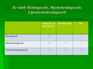 So sánh Meningocele, Myelomeningocele,
Lipomyelomeningocele
Màng tủy và
dịch não tủy
Mô thần kinh Mỡ
Meningocele + - -
Myelomeningocele + + -
Lipomyelomeningocele + + +
 