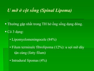 U mỡ ở cột sống (Spinal Lipoma)
 Thường gặp nhất trong TH hở ống sống dạng đóng.
 Có 3 dạng:
• Lipomyelomeningocele (84%)
• Filum terminale fibrolipoma (12%): u sợi mỡ dây
tận cùng (fatty filum)
• Intradural lipomas (4%)
 