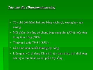  Tủy chẻ đôi thành hai nửa bằng vách sợi, xương hay sụn
xương.
 Mỗi phần tủy sống có chung ống trung tâm (50%) hoặc ống
trung tâm riêng (50%).
 Thường ở giữa T9-S1 (85%).
 Gần như luôn có bất thường cột sống.
 Liên quan với dị dạng Chiari II, tủy bám thấp, tích dịch ống
nội tủy ở một hoặc cả hai phần tủy sống.
Tủy chẻ đôi (Diastematomyelia)
 