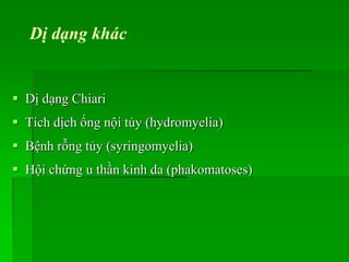  Dị dạng Chiari
 Tích dịch ống nội tủy (hydromyelia)
 Bệnh rỗng tủy (syringomyelia)
 Hội chứng u thần kinh da (phakomatoses)
Dị dạng khác
 