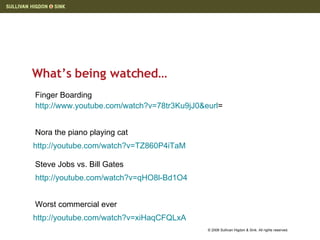 What’s being watched… http://www.youtube.com/watch?v=78tr3Ku9jJ0&eurl =  Finger Boarding http://youtube.com/watch?v=TZ860P4iTaM   Nora the piano playing cat http://youtube.com/watch?v=qHO8l-Bd1O4   Steve Jobs vs. Bill Gates http://youtube.com/watch?v=xiHaqCFQLxA   Worst commercial ever 