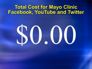 Total Cost for Mayo Clinic
Facebook, YouTube and Twitter




  $0.00
 