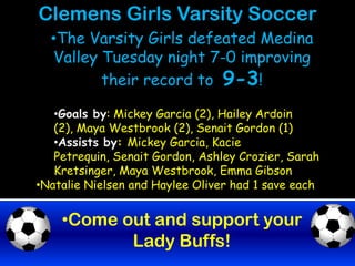 Clemens Girls Varsity Soccer
  •The Varsity Girls defeated Medina
  Valley Tuesday night 7-0 improving
         their record to 9-3!

   •Goals by: Mickey Garcia (2), Hailey Ardoin
   (2), Maya Westbrook (2), Senait Gordon (1)
   •Assists by: Mickey Garcia, Kacie
   Petrequin, Senait Gordon, Ashley Crozier, Sarah
   Kretsinger, Maya Westbrook, Emma Gibson
•Natalie Nielsen and Haylee Oliver had 1 save each


    •Come out and support your
           Lady Buffs!
 