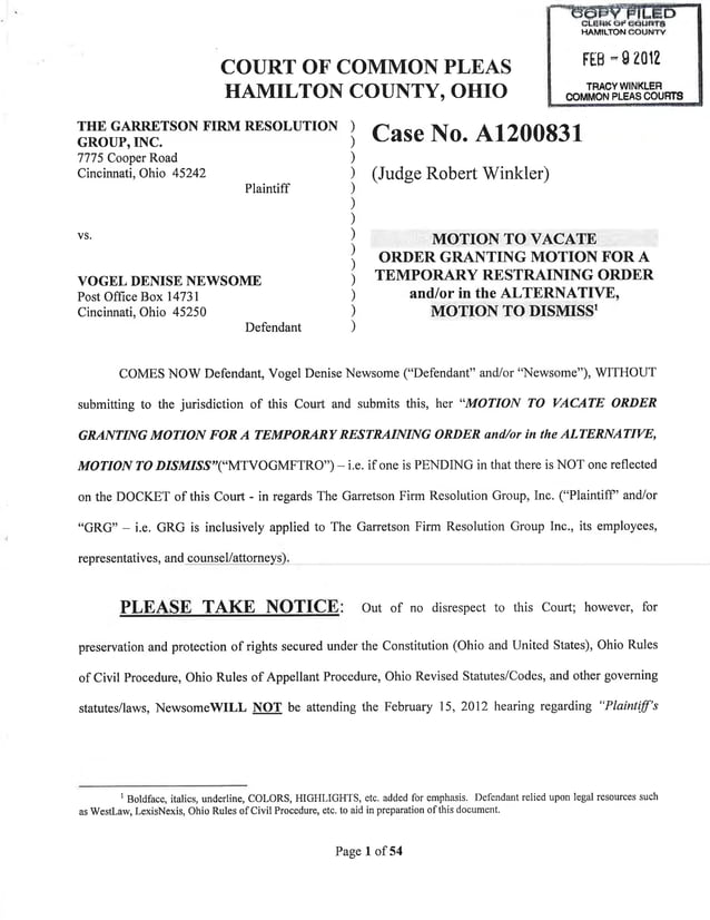 02/09/12 GARRETSON RESOLUTION GROUP Motion To Vacate (STAMPED) PDF