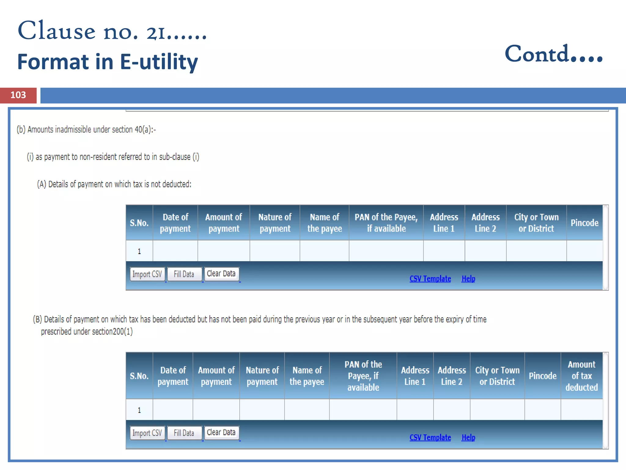 103
Clause no. 21……
Format in E-utility Contd….
 