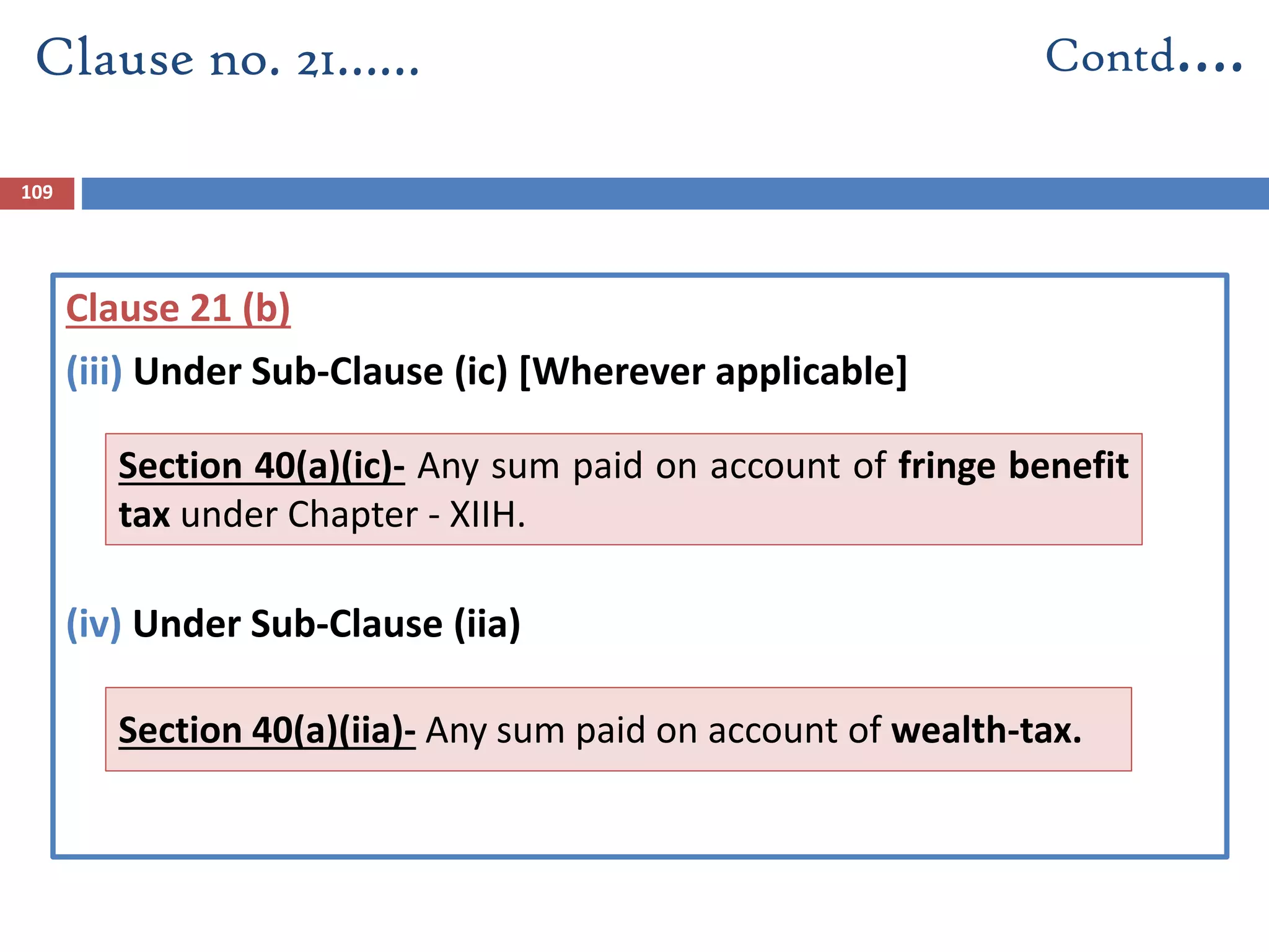 Clause 21 (b)
(iii) Under Sub-Clause (ic) [Wherever applicable]
(iv) Under Sub-Clause (iia)
Clause no. 21…… Contd….
109
Section 40(a)(ic)- Any sum paid on account of fringe benefit
tax under Chapter - XIIH.
Section 40(a)(iia)- Any sum paid on account of wealth-tax.
 