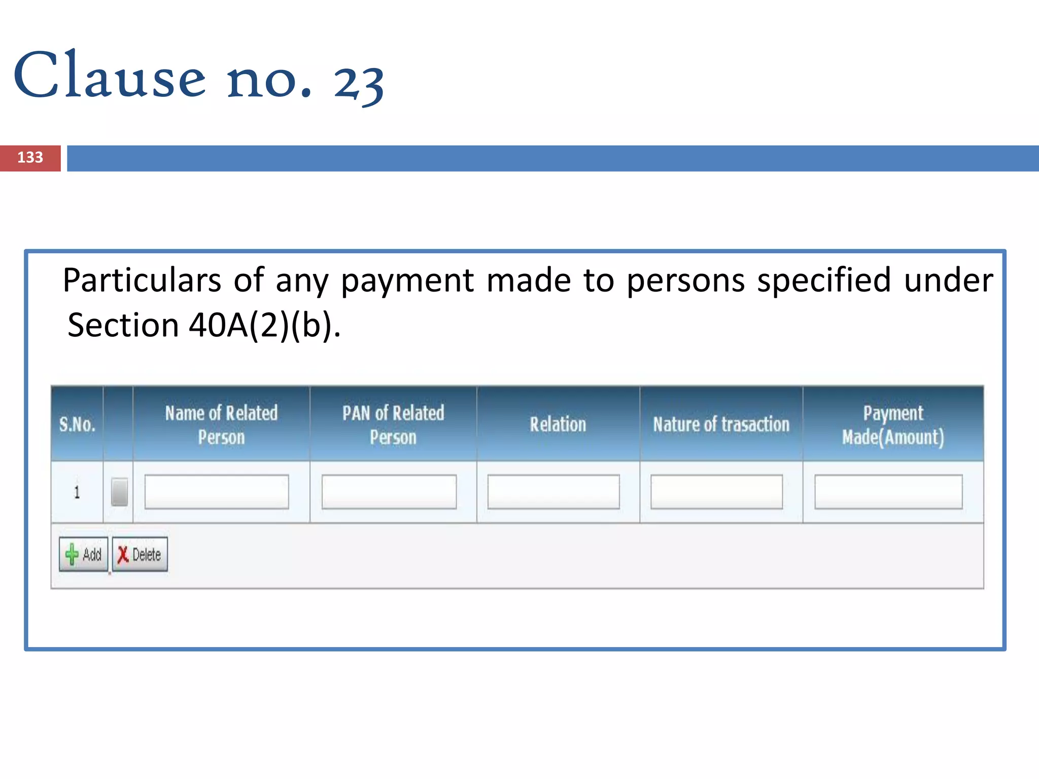 133
Particulars of any payment made to persons specified under
Section 40A(2)(b).
Clause no. 23
 