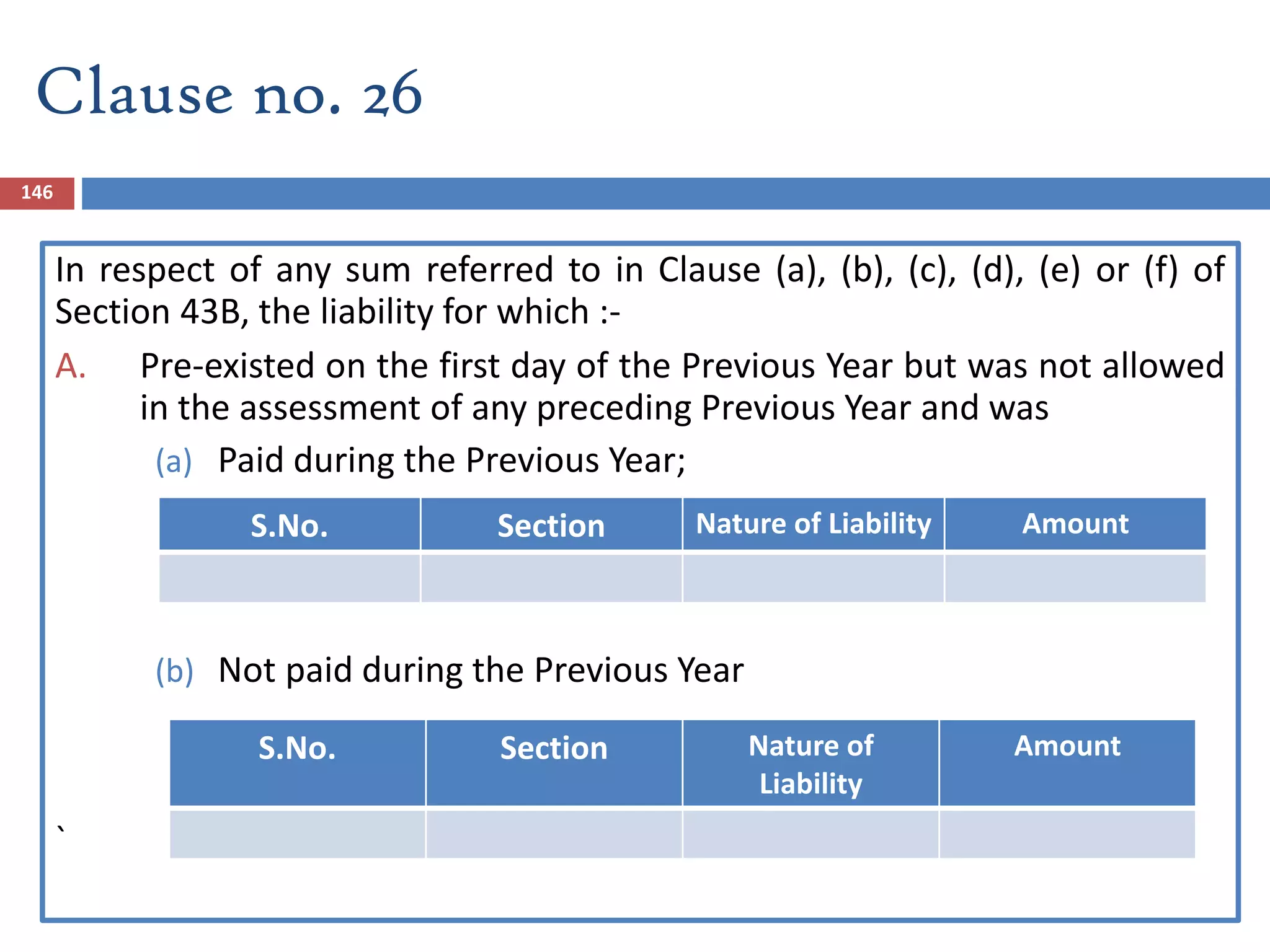 146
In respect of any sum referred to in Clause (a), (b), (c), (d), (e) or (f) of
Section 43B, the liability for which :-
A. Pre-existed on the first day of the Previous Year but was not allowed
in the assessment of any preceding Previous Year and was
(a) Paid during the Previous Year;
(b) Not paid during the Previous Year
`
Clause no. 26
S.No. Section Nature of Liability Amount
S.No. Section Nature of
Liability
Amount
 