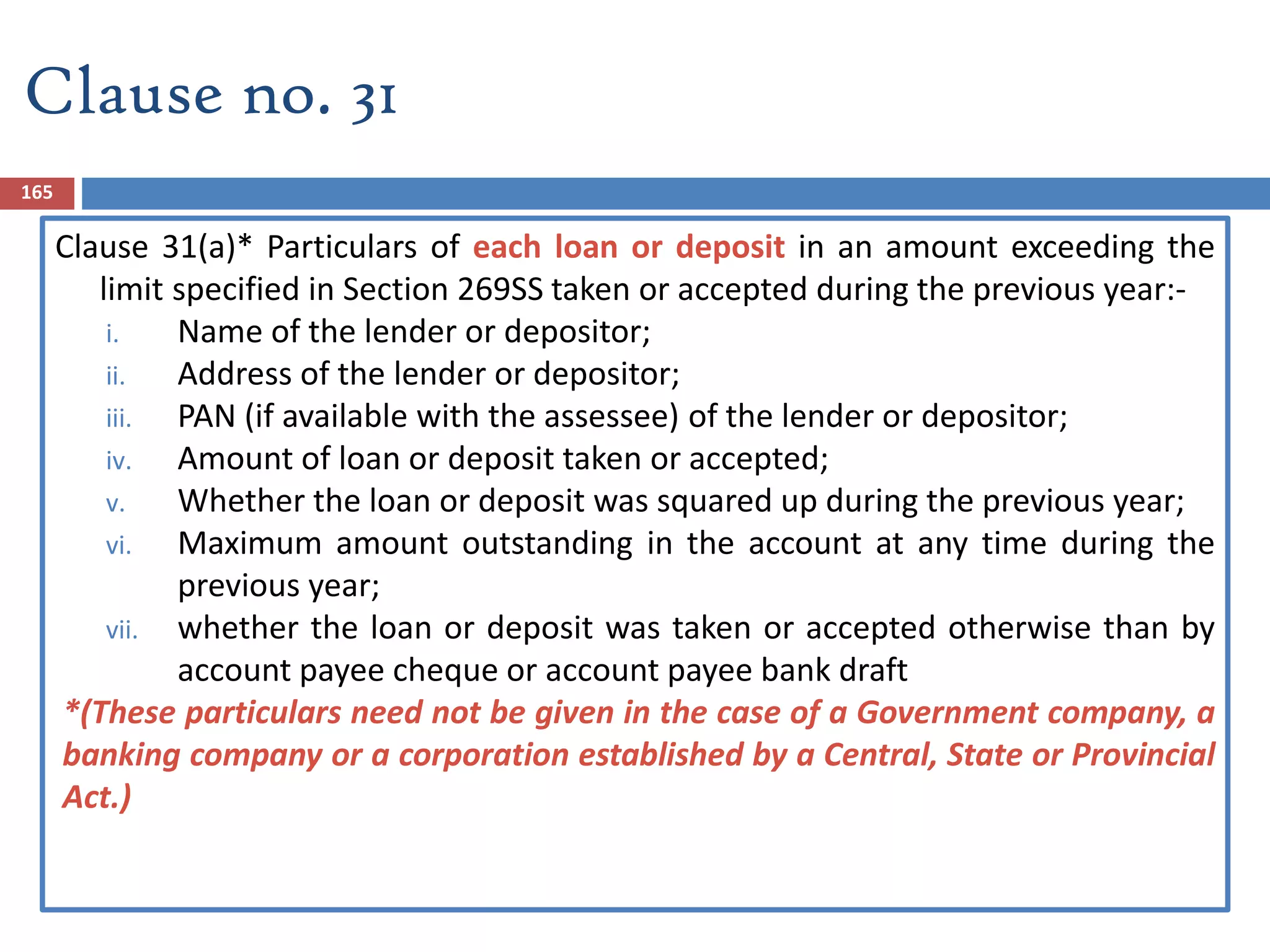 165
Clause 31(a)* Particulars of each loan or deposit in an amount exceeding the
limit specified in Section 269SS taken or accepted during the previous year:-
i. Name of the lender or depositor;
ii. Address of the lender or depositor;
iii. PAN (if available with the assessee) of the lender or depositor;
iv. Amount of loan or deposit taken or accepted;
v. Whether the loan or deposit was squared up during the previous year;
vi. Maximum amount outstanding in the account at any time during the
previous year;
vii. whether the loan or deposit was taken or accepted otherwise than by
account payee cheque or account payee bank draft
*(These particulars need not be given in the case of a Government company, a
banking company or a corporation established by a Central, State or Provincial
Act.)
Clause no. 31
 