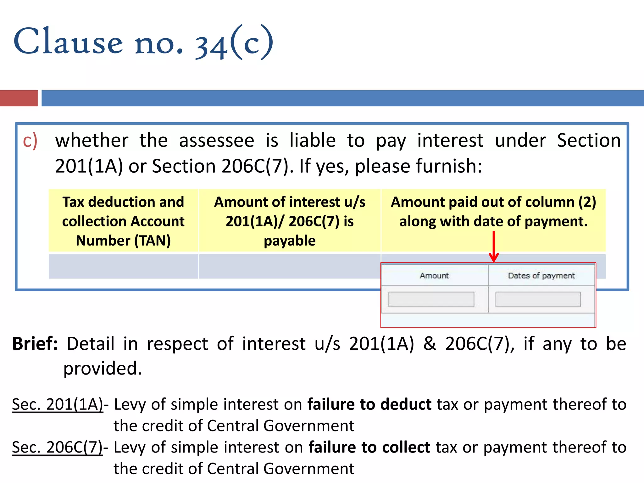 c) whether the assessee is liable to pay interest under Section
201(1A) or Section 206C(7). If yes, please furnish:
Tax deduction and
collection Account
Number (TAN)
Amount of interest u/s
201(1A)/ 206C(7) is
payable
Amount paid out of column (2)
along with date of payment.
Brief: Detail in respect of interest u/s 201(1A) & 206C(7), if any to be
provided.
Sec. 201(1A)- Levy of simple interest on failure to deduct tax or payment thereof to
the credit of Central Government
Sec. 206C(7)- Levy of simple interest on failure to collect tax or payment thereof to
the credit of Central Government
Clause no. 34(c)
 